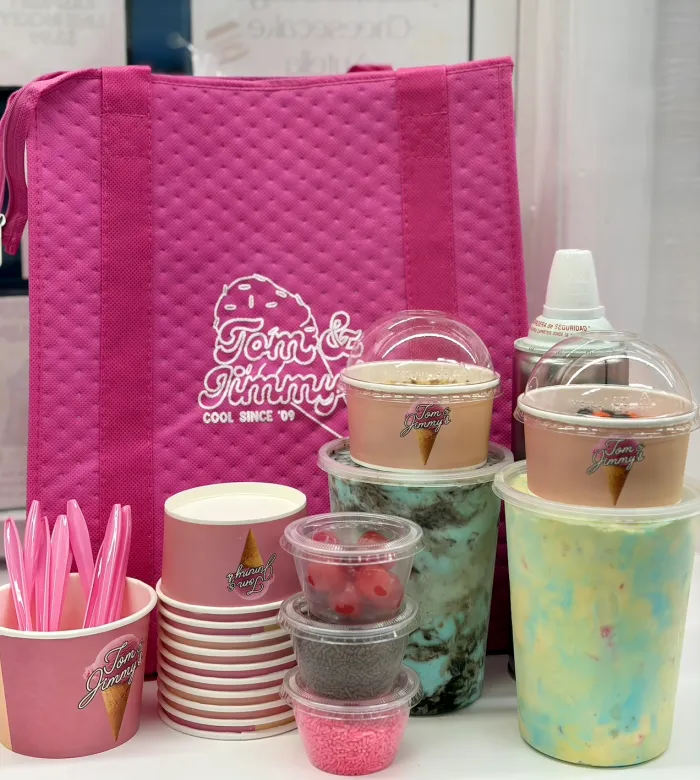 The Tom & Jimmy’s Ice Cream Sundae Pack: pink cooler bag, cups, spoons, quarts and toppings
